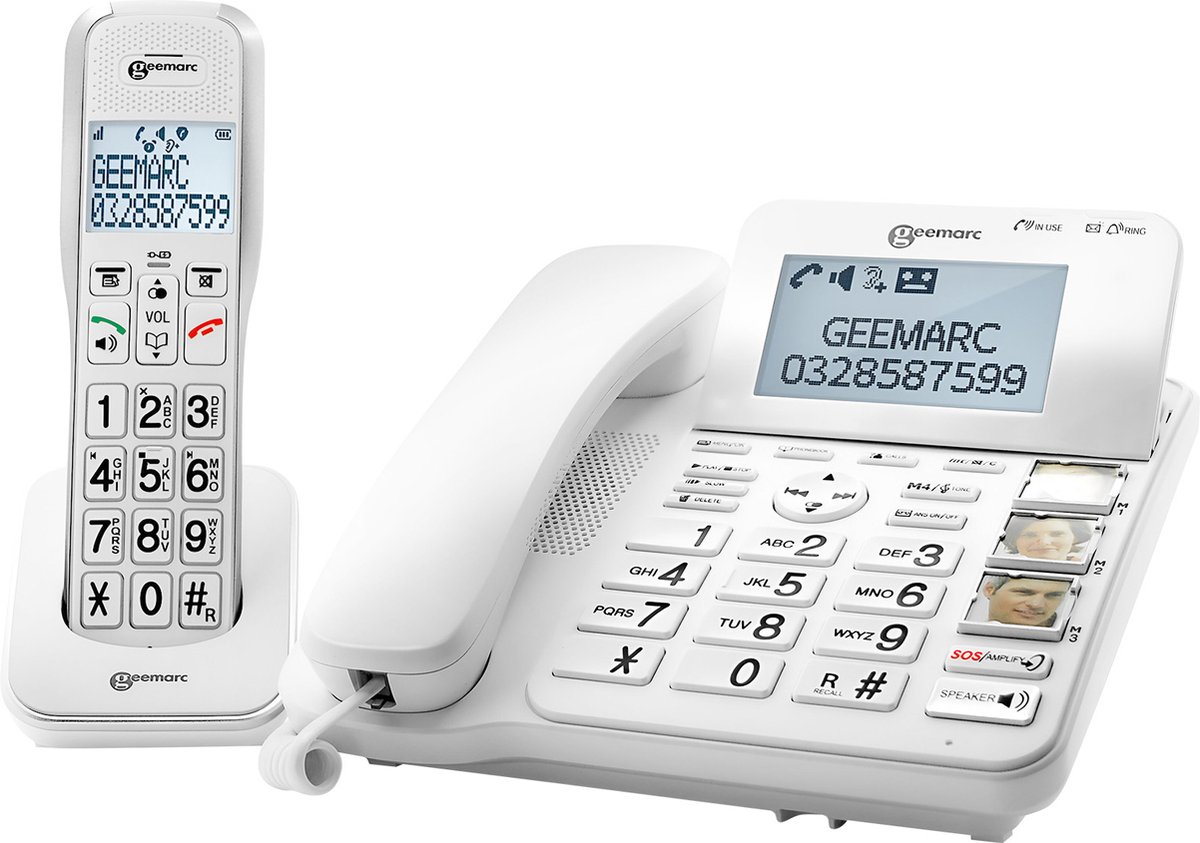 Geemarc, Telefoon voor senioren Basisstation met snoer en AmpliDect Combi 596 extra handset, Wit