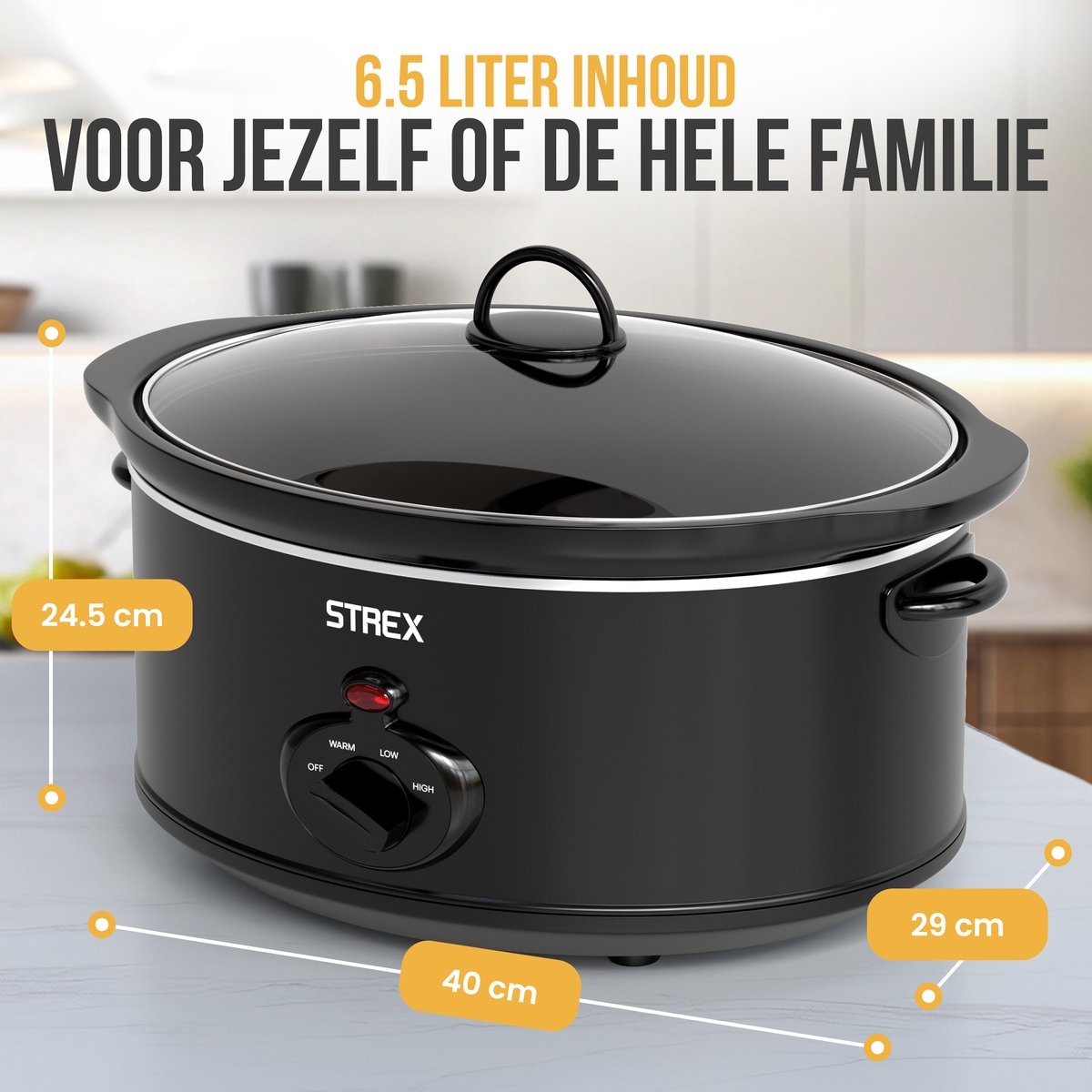 Strex Slowcooker 6.5L - 3 Standen - Met Uitneembare Keramische Binnenpan & Warmhoudfunctie - Zwart – foto 4