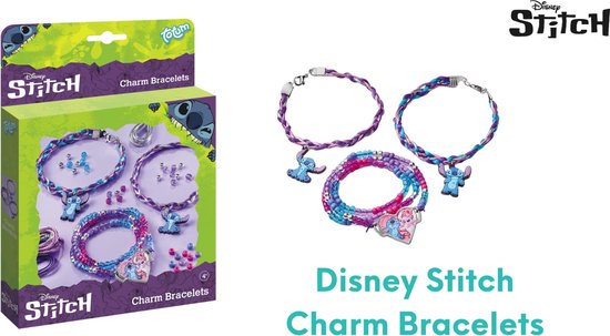 Réalisation de bracelets à breloques Totum Disney Stitch 3 avec perles et coeur et 2 breloques Stitch et techniques d'emballage et de tressage - speelgoed créatifs