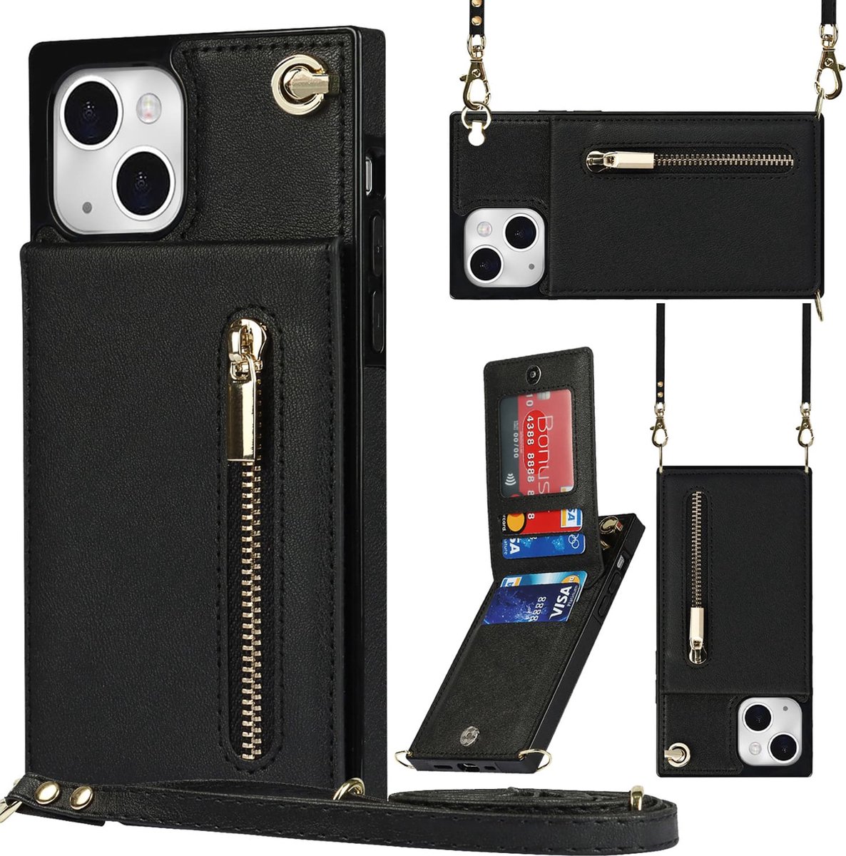 Multimedia & Accessoires Stijlvolle Leren Fashion Backcover Case Hoesje met Koord, Stand Ritsvak en Pasjeshouders geschikt voor Apple iPhone 15 - Zwart