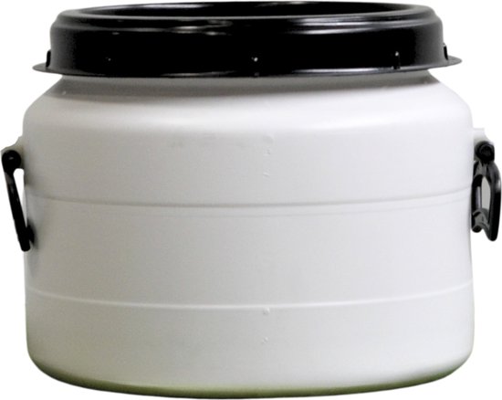 Witte 32 liter voerton van Booxies met zwart deksel en handvatten.