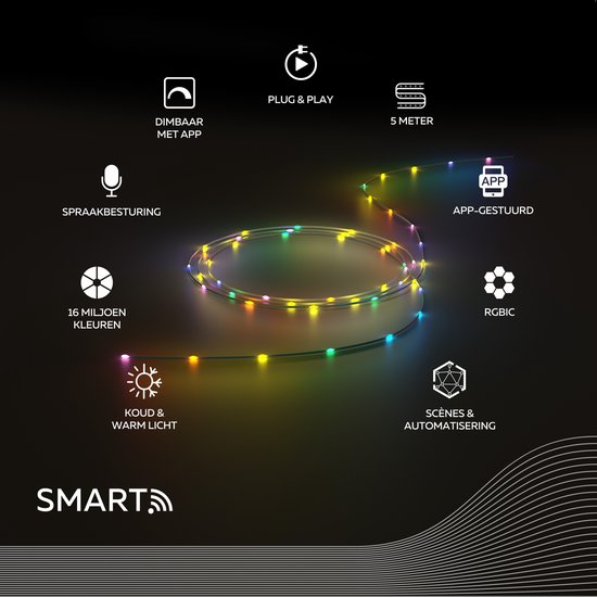 Calex Smart Micro LED Strip - 50 LEDs - Geschikt als Kerstverlichting - 5M - RGBIC - 16 Miljoen Kleuren - App Bedienbaar - Smart Lichtsnoer
