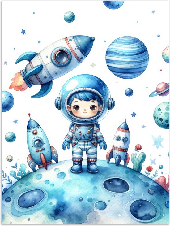 Poster 90x120 cm - Ruimte - Blauw - Astronaut - Raket - Planeten - Posters - Kamer decoratie accessoires - Wanddecoratie kinderkamer - Muurdecoratie babykamer