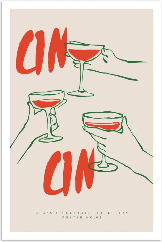 Affiche 80x120 cm - Verres à cocktail - Cin Cin - Rouge - Abstrait - Posters - Décoration murale cuisine - Décoration murale salon - Accessoires décoratifs - Décoration murale chambre
