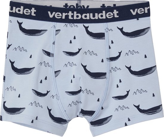 Boxers garçon bleu clair avec un imprimé all-over de baleines bleu marine, de montagnes et de petits arbres. Ceinture bleu marine avec logo "vertbaudet".
