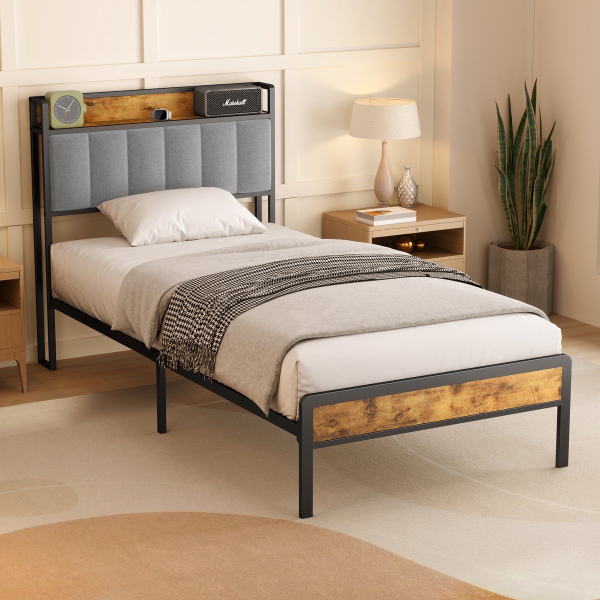 Bealife BF24 Bedframe - 200 x 90 cm - met Opslaghoofdsteun - Licht Grijs