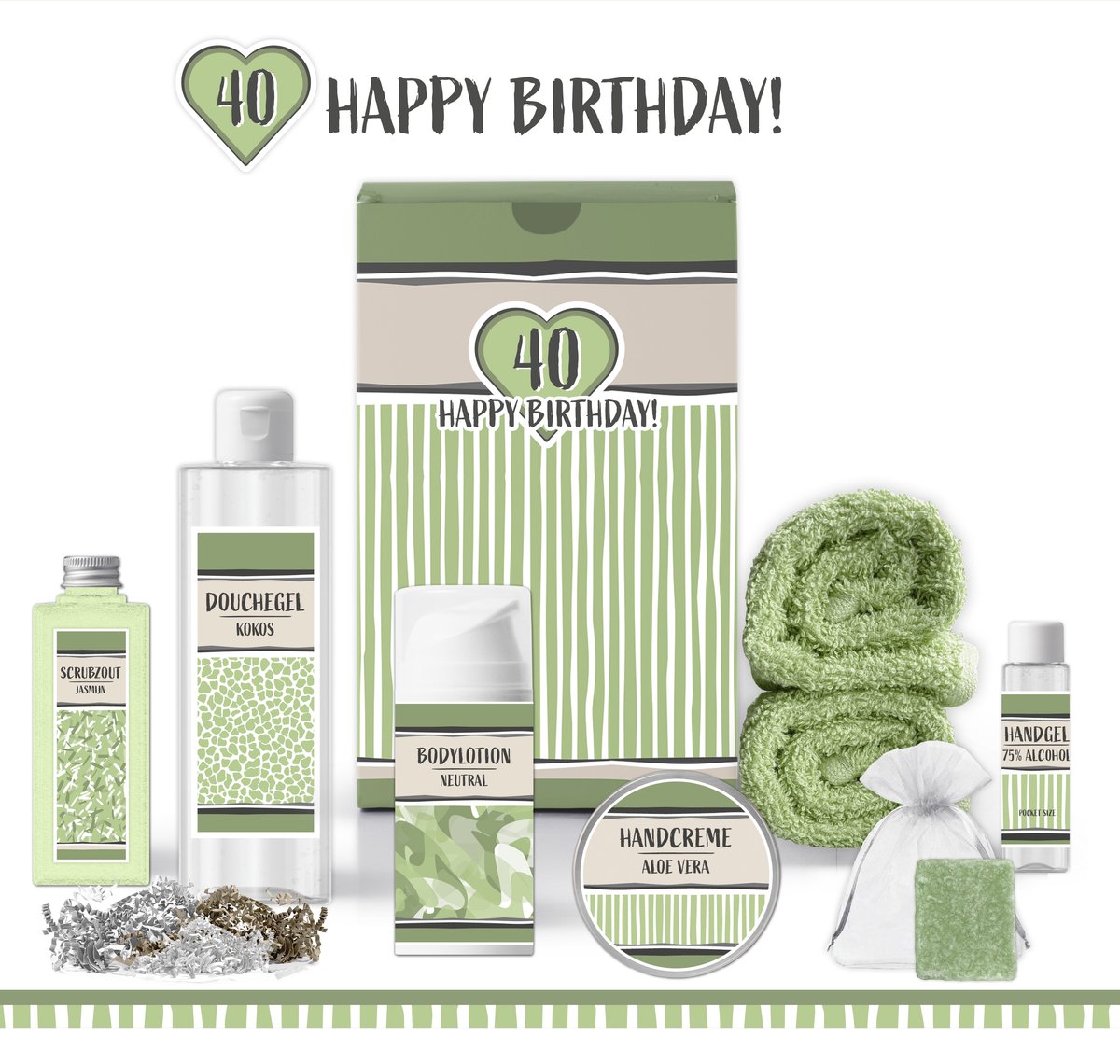 Goedkoopste Geschenkset “40 Jaar Happy Birthday!” - 8 producten - 770 gram | Cadeau Vrouw - Giftset voor haar - Verwen Cadeau vrouw - Gefeliciteerd Verjaardagscadeau - Set Verjaardag - Geschenk Feestje Veertigjarige - Gift Party - Cadeaupakket - Groen