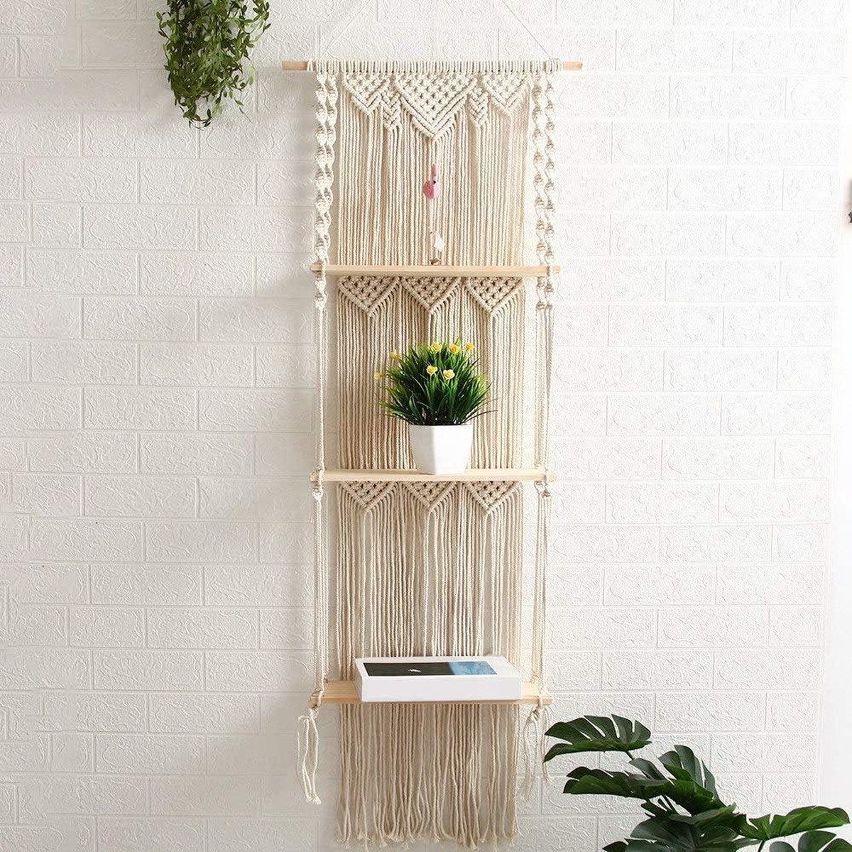 Op Hangend Plantenrek Wandrek 3 Traps - Houten Plank Met Macramé Touw En Kwasten, Boho Wanddecoratie Voor Planten En Spullen Rustieke Wanddecoratie
