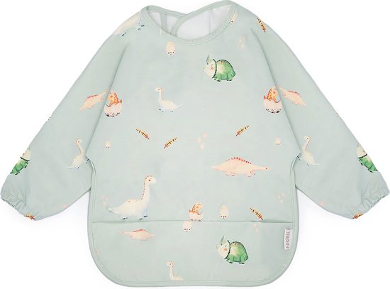 J. Børn Slabbetje Lange Mouwen met Brede Opvangbakpe (6 maanded - 2 jaar) - Peuter Kliederschort - Verfschort - Baby Slabber / Schort - Mouwslab - Mouwslabber (Dinosaurussen)