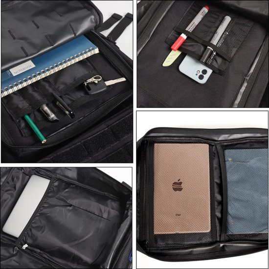 Binnenzijde zwarte tactische rugzak met vakken voor laptop, notitieboek en pennen.