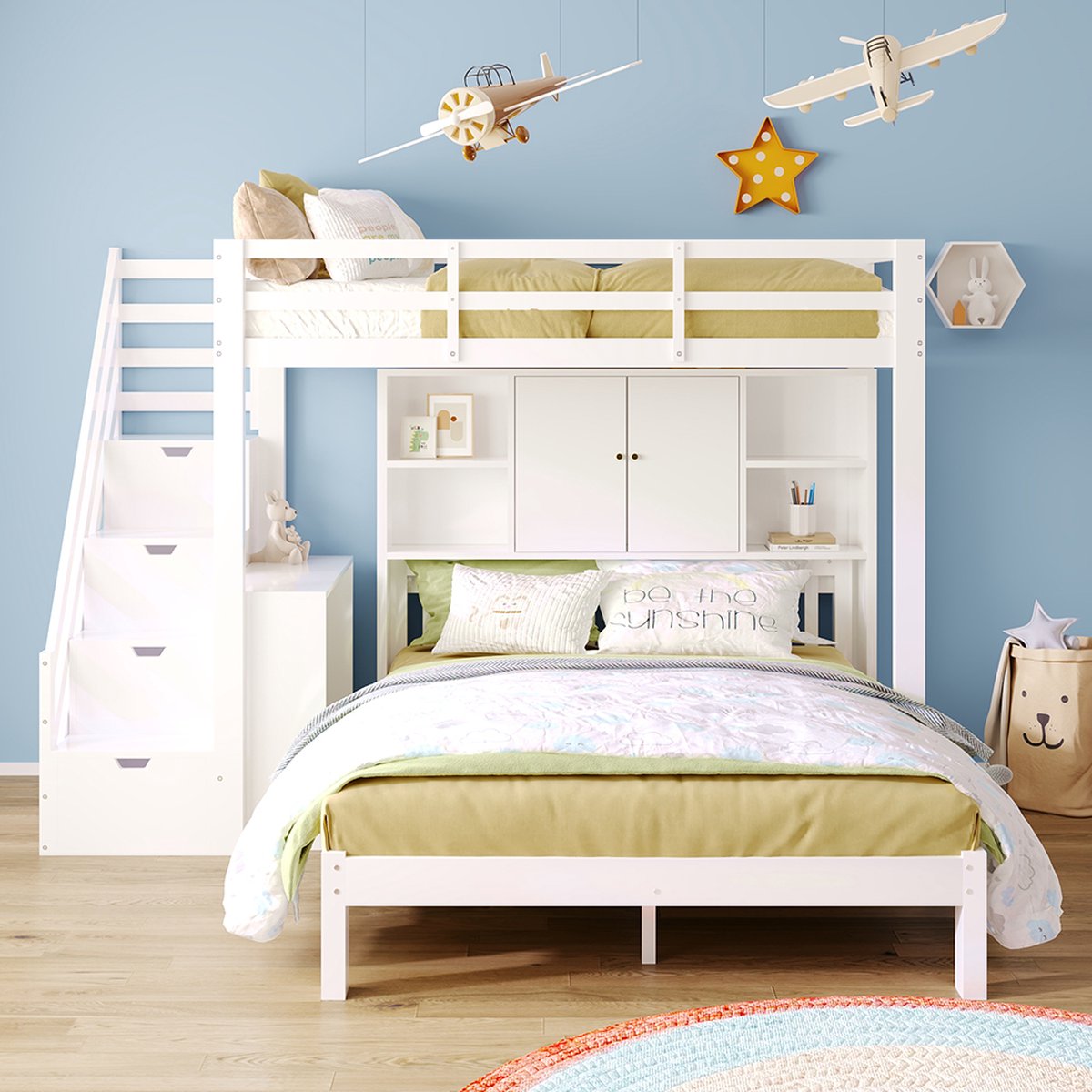 KOMHTOM Stapelbed Kinderbed 90x200+140x200 met Opbergladder en Verplaatsbare Bijzettafel Grote Opbergruimte Wit