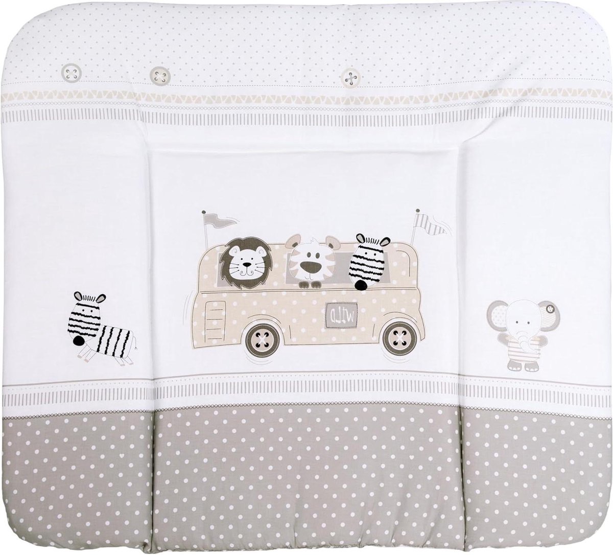 Image of Aankleedkussen afwasbaar met verhoogde randen 85 x 75 cm - Safaribus thema - ftalaatvrij - bruin/wit/beige