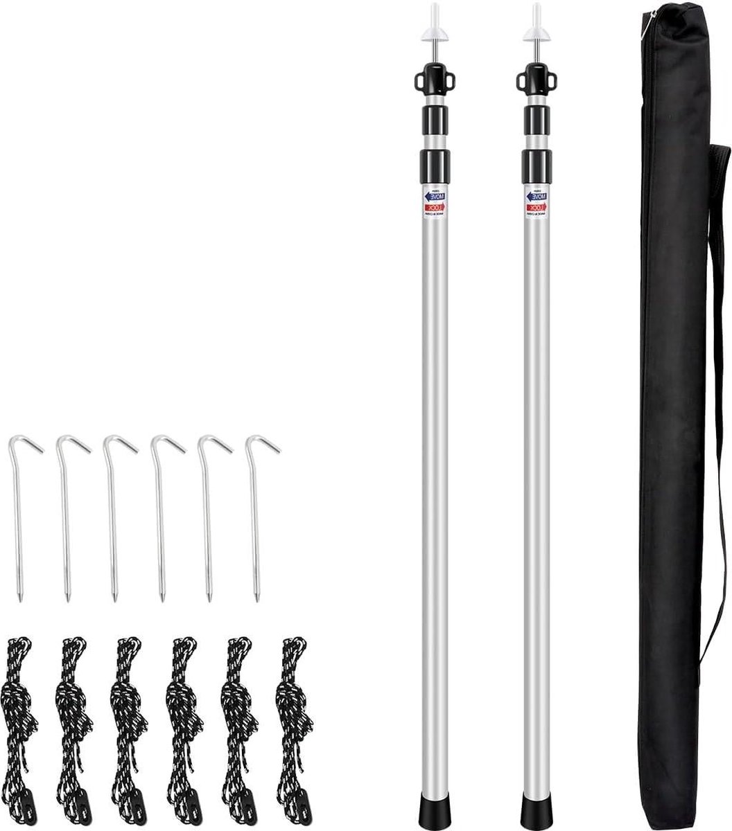 Telescopic Camping Pole - 2 Pieces 90-230 cm with Tent Pegs and Nylon Ropes