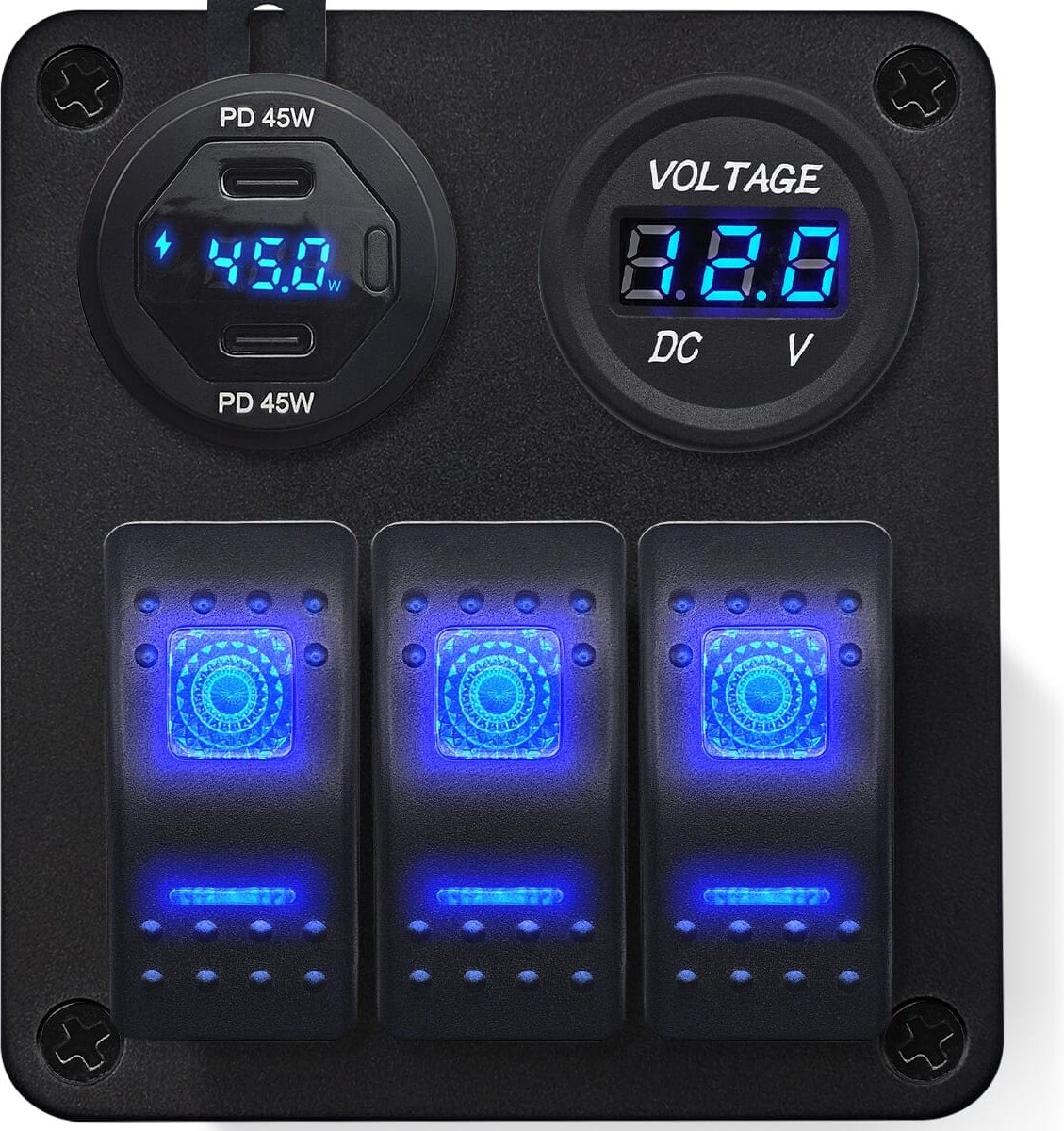 Bol.com ProRide Schakelpaneel 12V voor Auto/Boot - USB Lader 2 Poorten met Voltmeter - 5V/2.4A - 3 Schakelaars aanbieding