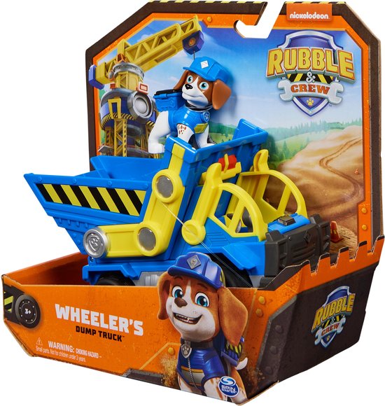 Verpakking van Wheeler's kiepwagen met speelfiguur en kraan, en de kiepwagen met hondje.