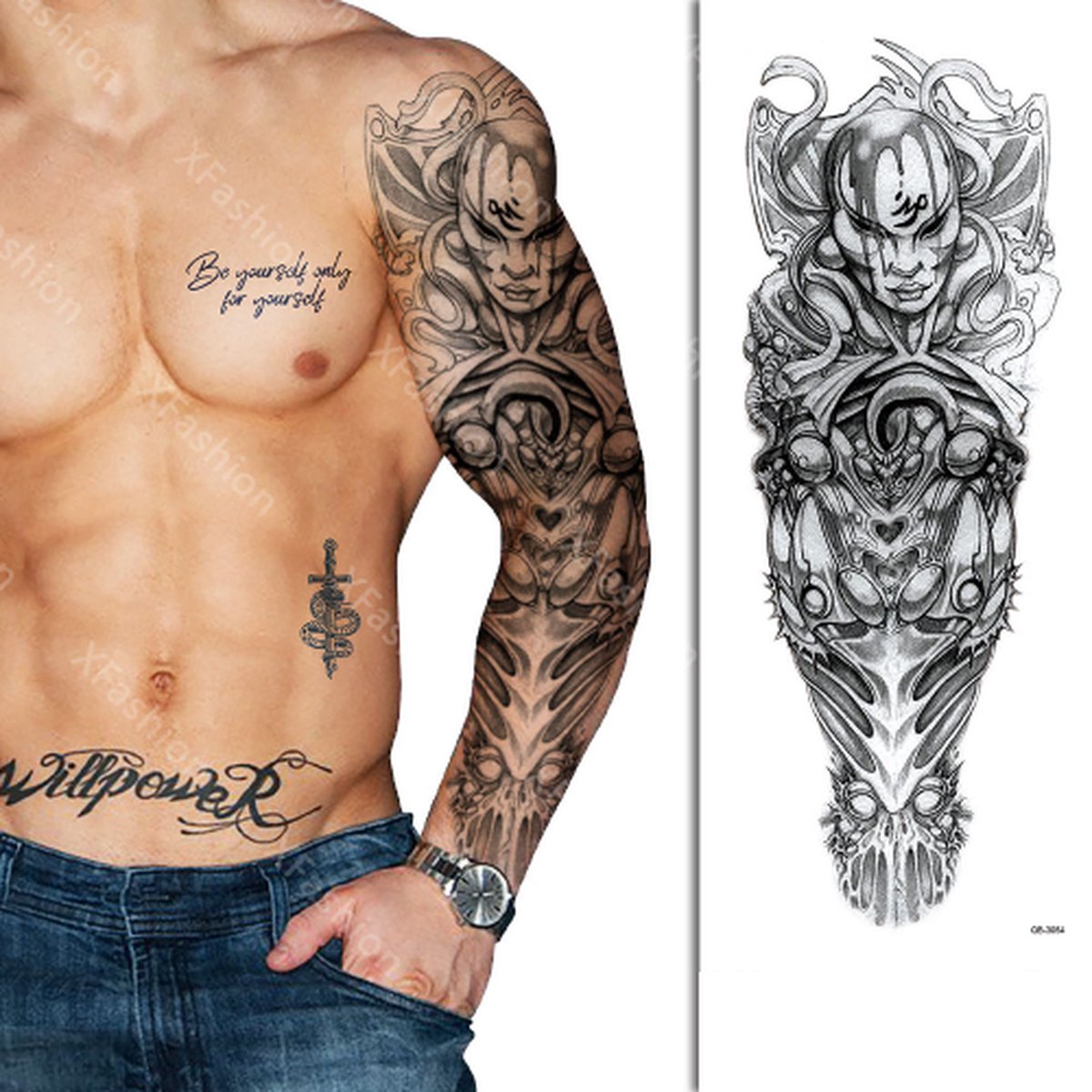 Tattoo Sleeve - Japan Azië Masker - Neptattoo Lichaam en Gezicht - Tijdelijke Henna Plak Tattoos - Nep Tatoeage - Fake Temporary Tattoo - Festival Make-up Outfit Volwassenen Kinderen