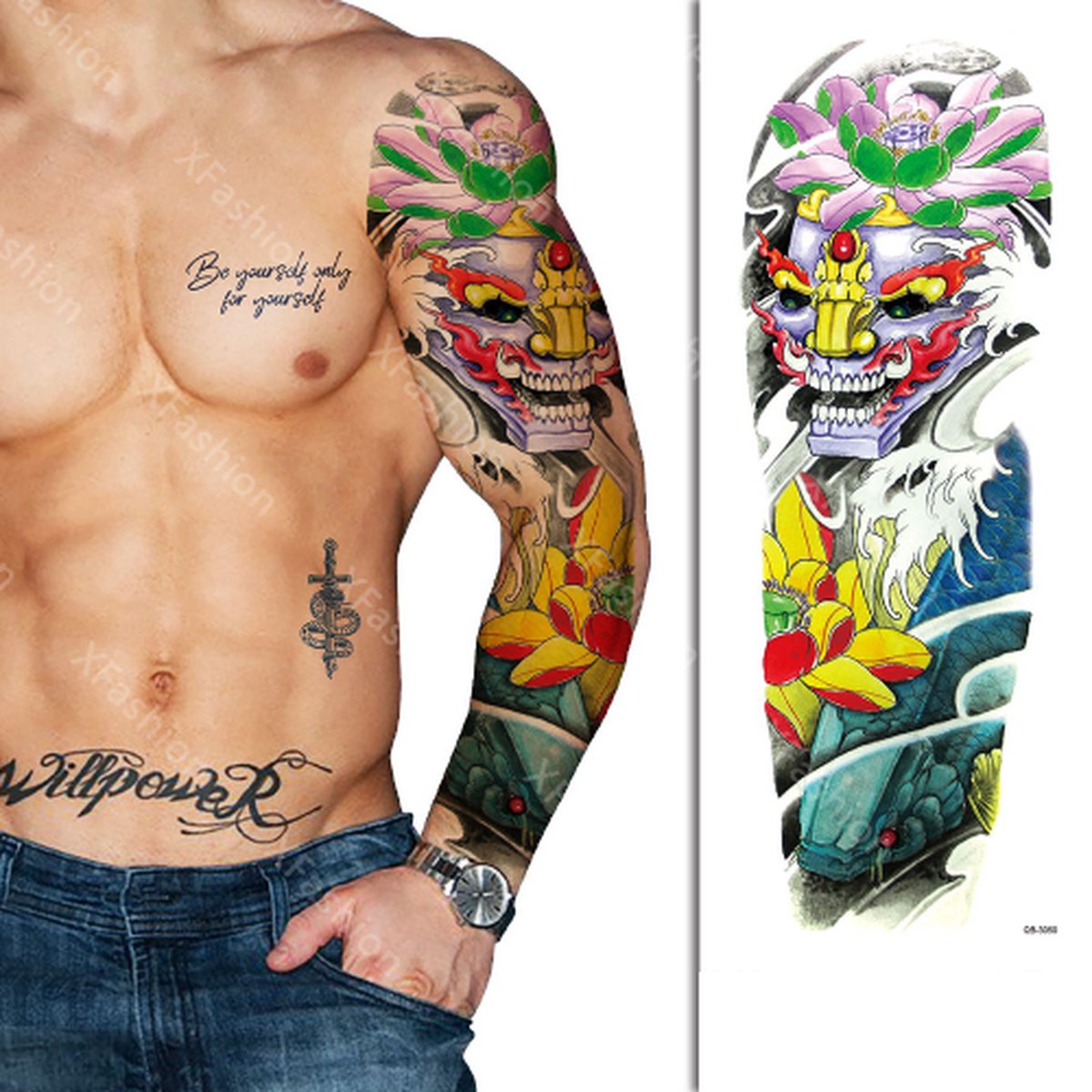 Tattoo Sleeve - Japan Azië Masker Bloemen Lucht Vis Karper - Neptattoo Lichaam en Gezicht - Tijdelijke Henna Plak Tattoos - Nep Tatoeage - Fake Temporary Tattoo - Festival Make-up Outfit Volwassenen Kinderen