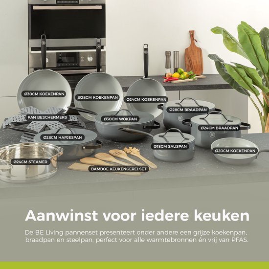 Een keuken interieur met een uitgebreide collectie grijze pannen, waaronder koekenpannen, braadpannen en een steelpan.