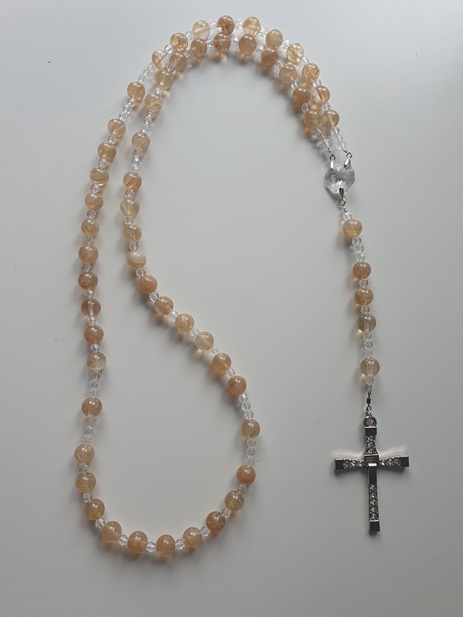 Rozenkrans, Paternoster gemaakt met Citrien kralen (halfedelsteen) en Kristallen van o.a. kristallen van Swarovski, gebedssnoer, rozenkransgebed, kruisteken, Meditatie, spiritueel, geloof, geloofsteken, Cadeau, kruis, gebedsketting, kerstpakket