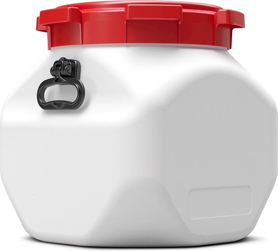 Witte kunststof voerton van 40 liter met rode deksel en zwarte handgreep. UN-keurmerk.