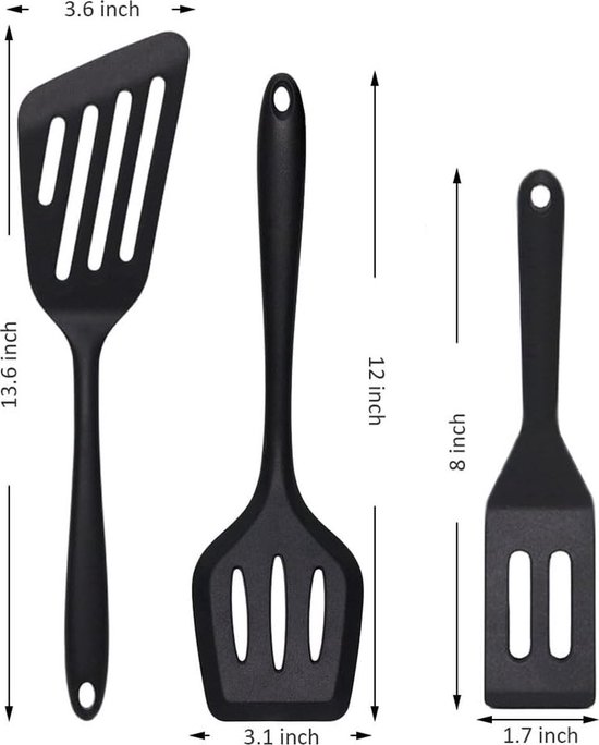 Drie zwarte siliconen spatels: een visspatel van 13,6 inch, een spatel van 12 inch en een spatel van 8 inch.