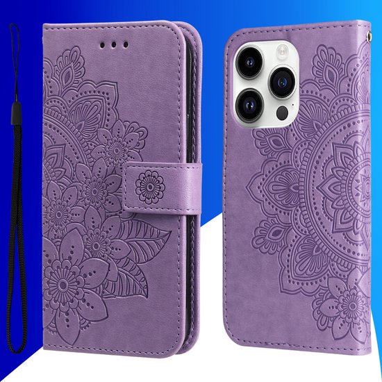 Étui de téléphone violet avec relief floral et dragonne, fermé et déplié.