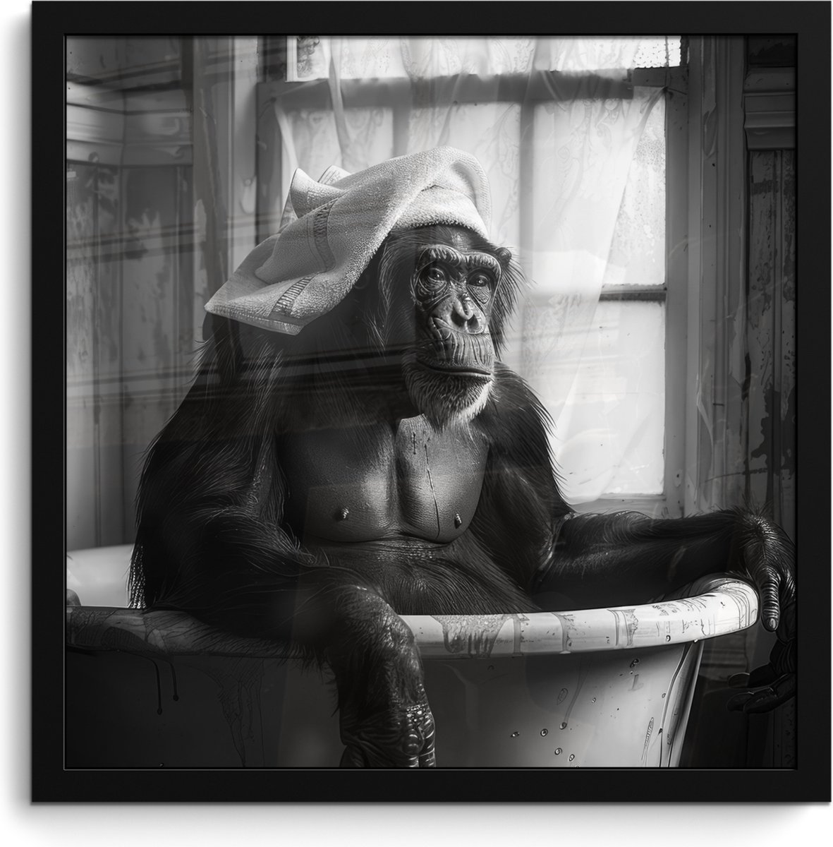 FrameYourWall Poster in lijst - Fotolijst 40x40 cm - Posters - Aap - Dier - Bad - Zwart - Wit - Humor - Posterlijst zwart - Wanddecoratie badkamer - Muurdecoratie WC - Decoratieve accessoires - Toilet muur decoratie Aap - WC