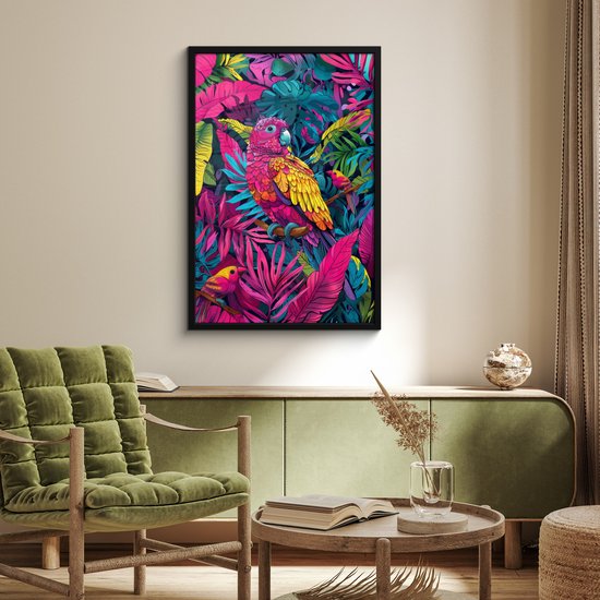 Affiche encadrée - Cadre photo 60x90 cm - Posters - Perroquet - Tropical - Jungle - Coloré - Cadre affiche noir - Décoration murale chambre ado - Décoration chambre ado - Accessoires chambre ado