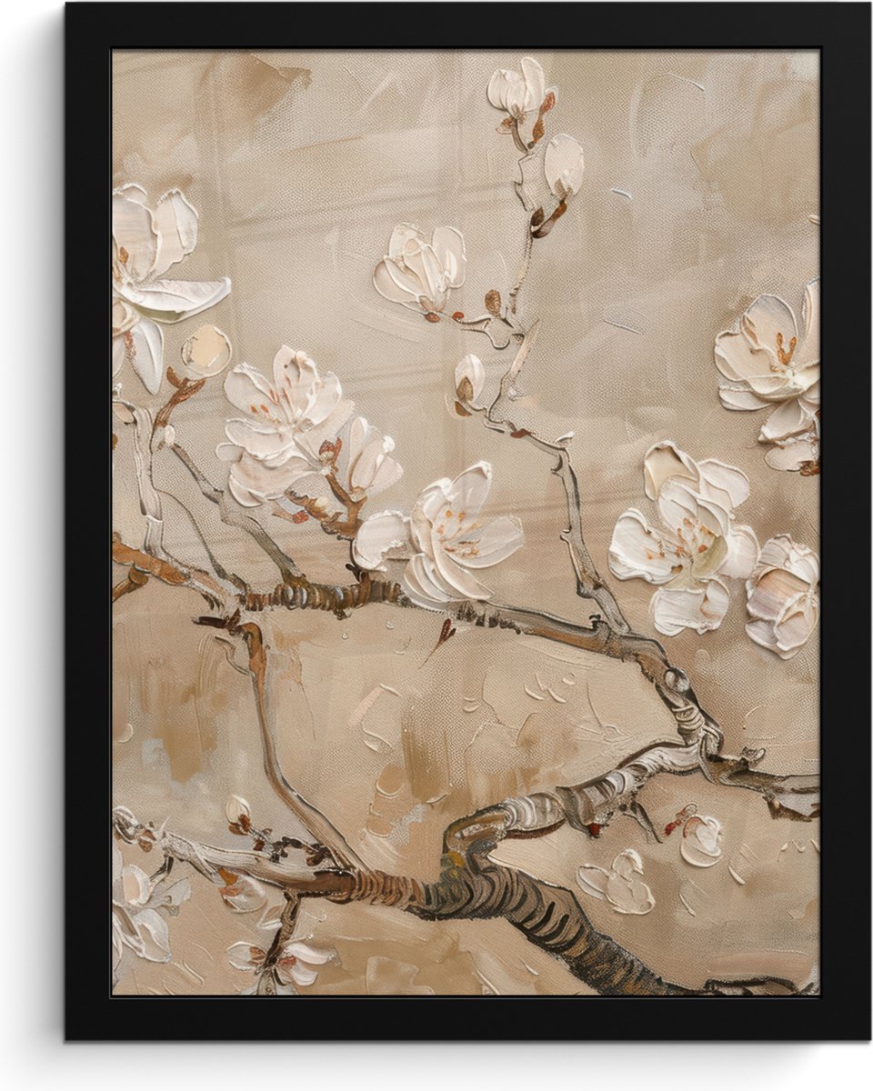 FrameYourWall Poster in lijst - Fotolijst 30x40 cm - Posters - Bloemen - Modern - Beige - Wit - Bloesem - Posterlijst zwart - Decoratie - Wanddecoratie woonkamer - Muurdecoratie slaapkamer