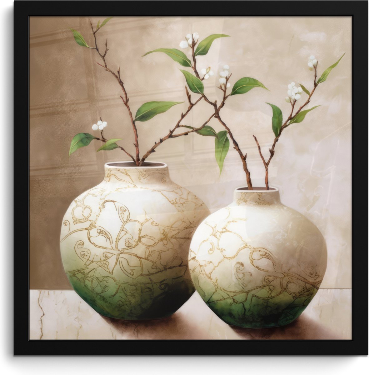 FrameYourWall Poster in lijst - Fotolijst 40x40 cm - Posters - Bloemen - Vaas - Wit - Botanisch - Beige - Posterlijst zwart - Wanddecoratie badkamer - Muurdecoratie WC - Decoratieve accessoires - Toilet muur decoratie Beige - Vazen