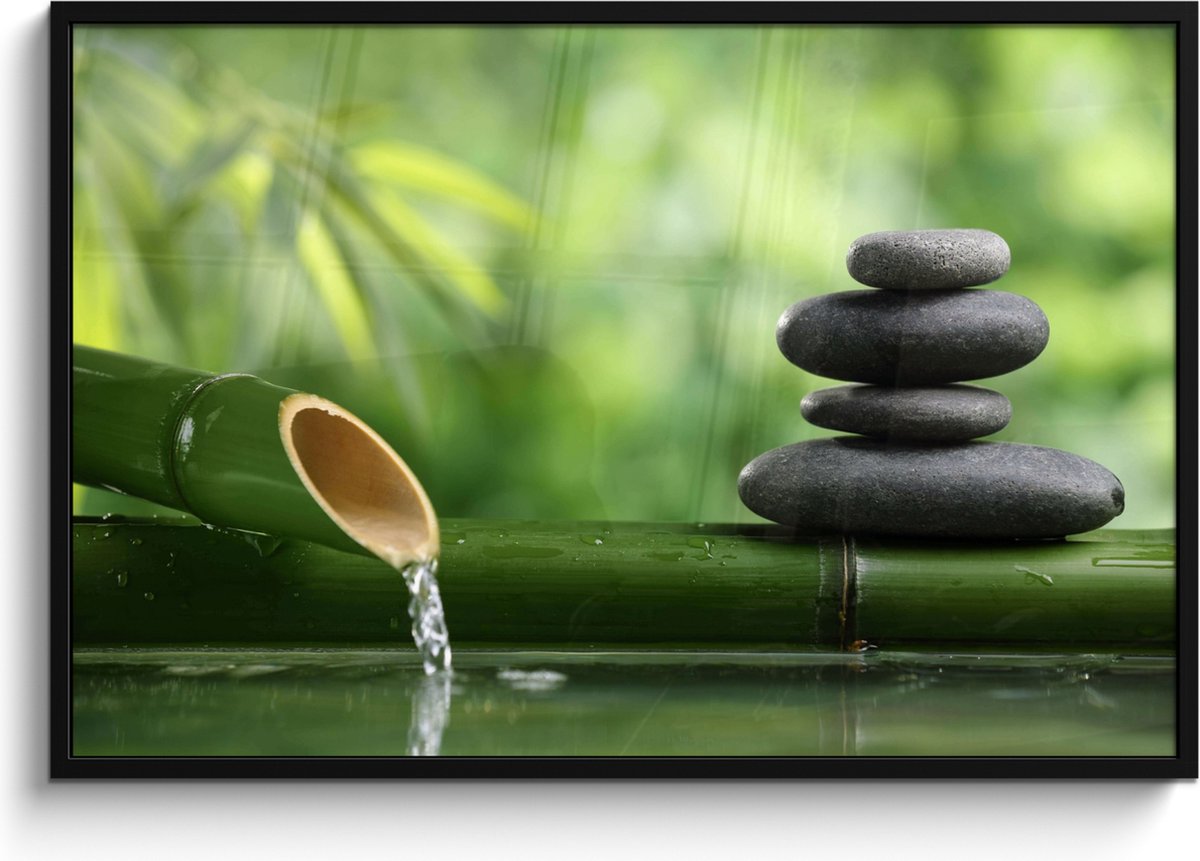 FrameYourWall Poster in lijst - Fotolijst 120x80 cm - Posters - Zen - Stenen - Groen - Natuur - Bamboe - Posterlijst zwart - Wanddecoratie badkamer - Muurdecoratie WC - Decoratieve accessoires - Toilet muur decoratie