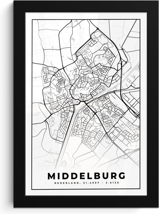 Poster in lijst - Fotolijst 20x30 cm - Posters - Kaart - Middelburg - Zwart - Wit - Posterlijst zwart - Decoratie - Wanddecoratie woonkamer - Muurdecoratie slaapkamer