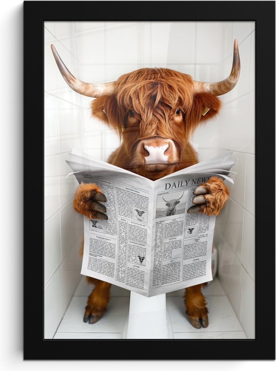 FrameYourWall Poster in lijst - Fotolijst 20x30 cm - Posters - Schotse Hooglander - Dier - Krant - Toilet - Posterlijst zwart - Wanddecoratie badkamer - Muurdecoratie WC - Decoratieve accessoires - Toilet muur decoratie Schotse hooglander - WC