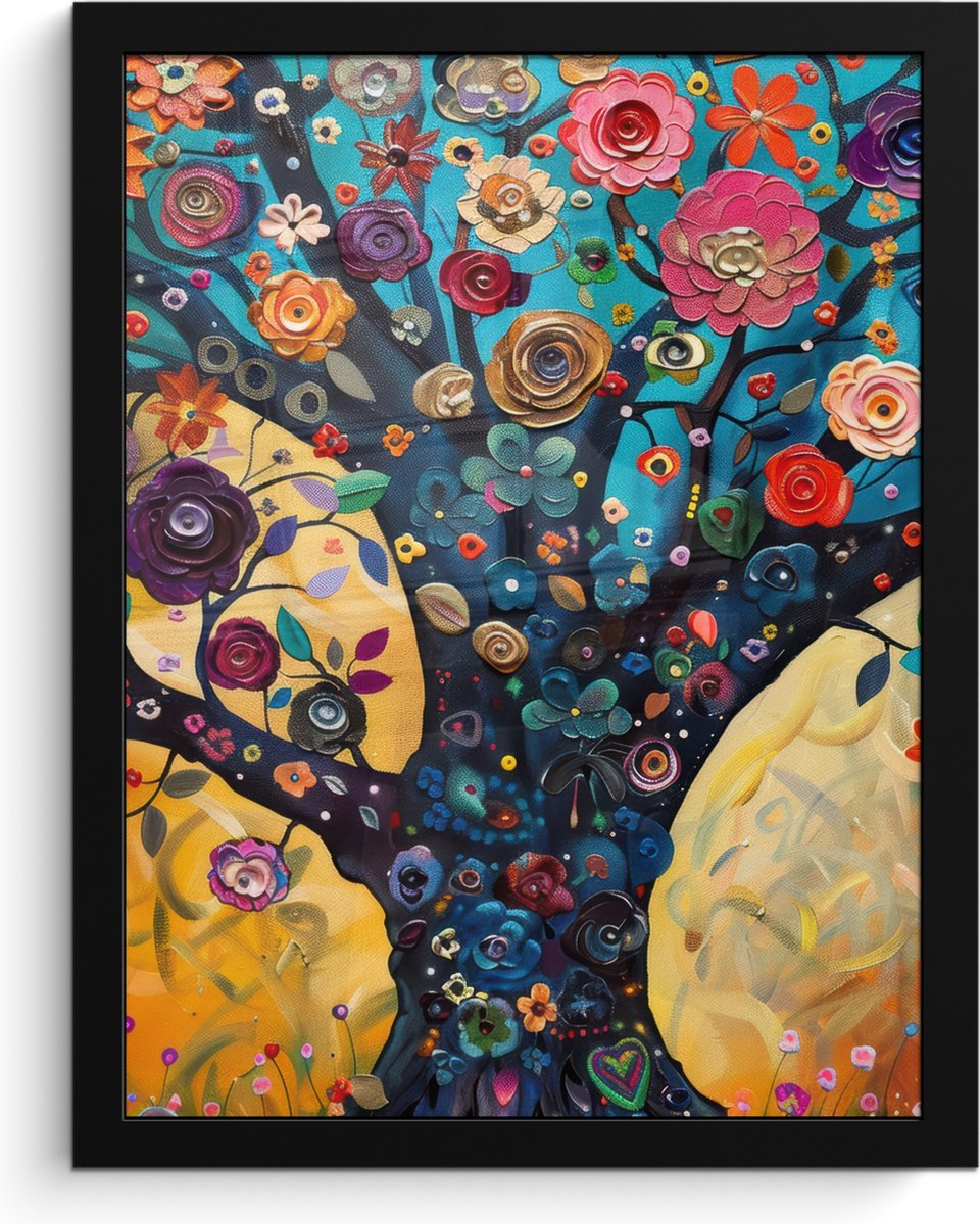 FrameYourWall Poster in lijst - Fotolijst 30x40 cm - Posters - Boom - Levensboom - Kleurrijk - Bloemen - Modern - Posterlijst zwart - Decoratie - Wanddecoratie woonkamer - Muurdecoratie slaapkamer