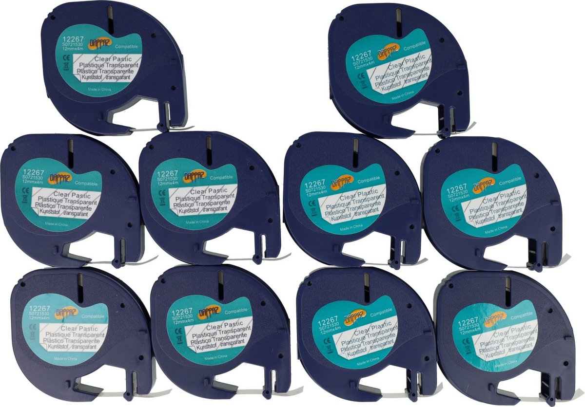 Dappaz - 10 stuks Dymo Compatible 12267 Plastic label Tape - Zwart op Transparant - 12mm x 4m - Geschikt voor Dymo LetraTag - S0721530