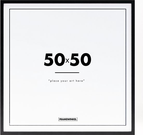 Zwarte fotolijst 50x50 cm met "place your art here" en Framewinkel logo.