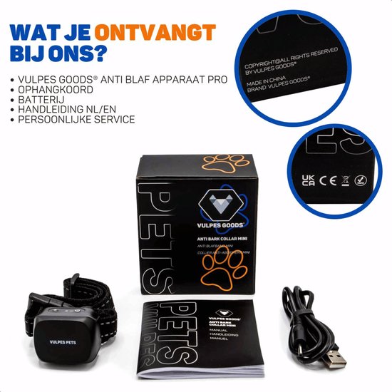 Wat je ontvangt bij ons: Vulpes Goods Anti Blafapparaat Pro, oplaadkoord, batterij, handleiding NL/EN en persoonlijke service.