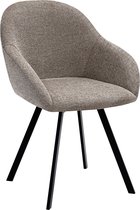 Taupe gestoffeerde eetkamerstoel met een gebogen rugleuning en zwarte poten.