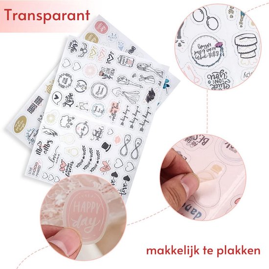 Transparante trouwstickers met liefdesthema, makkelijk te plakken, diverse illustraties.