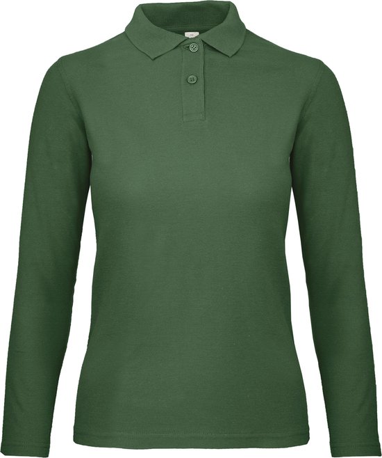 Polo Femme XL B&C Col avec boutons Manche longue Vert Bouteille 100% Katoen