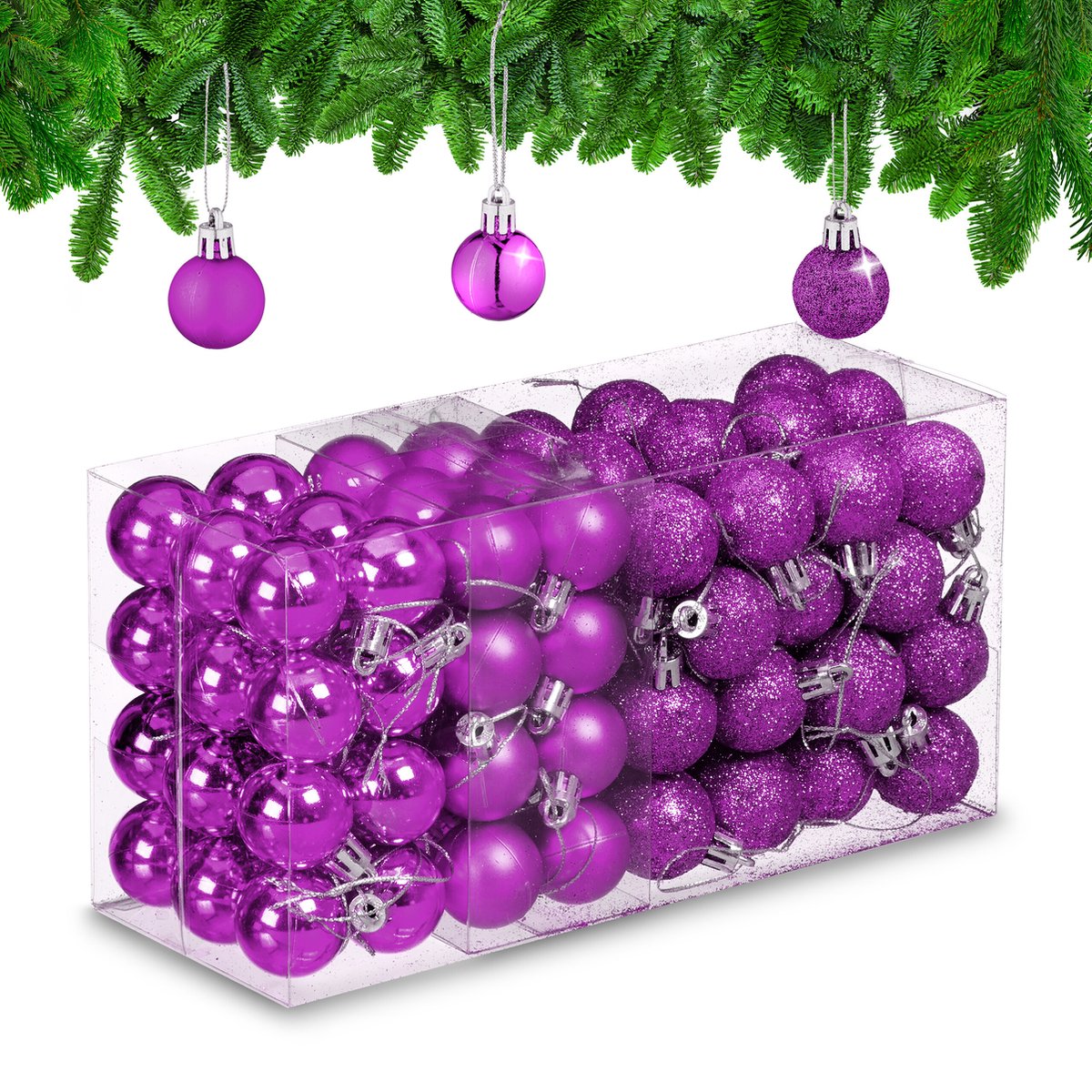 kerstballen set van 96 - plastic - 3 cm - mat - glanzend - glitters - paars