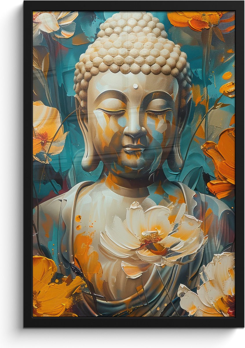FrameYourWall Poster in lijst - Fotolijst 40x60 cm - Posters - Buddha - Bloemen - Kleurrijk - Modern - Posterlijst zwart - Decoratie - Wanddecoratie woonkamer - Muurdecoratie slaapkamer