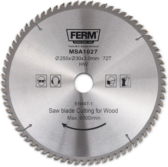 Foto: Ferm msa1027 zaagblad 250x30 16mm t72 tct tanden diameter 250mm asgat 30mm 16mm universeel voor het zagen van hout zeer geschikt voor tsm1033 tsm1034 tsm1030 zaagtafel