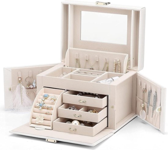 Sieradendoos, 3 niveaus, retro sieradenopslag, grote sieradenbox, sieradenvitrine voor ringen, oorbellen, armbanden en halskettingen (bruin