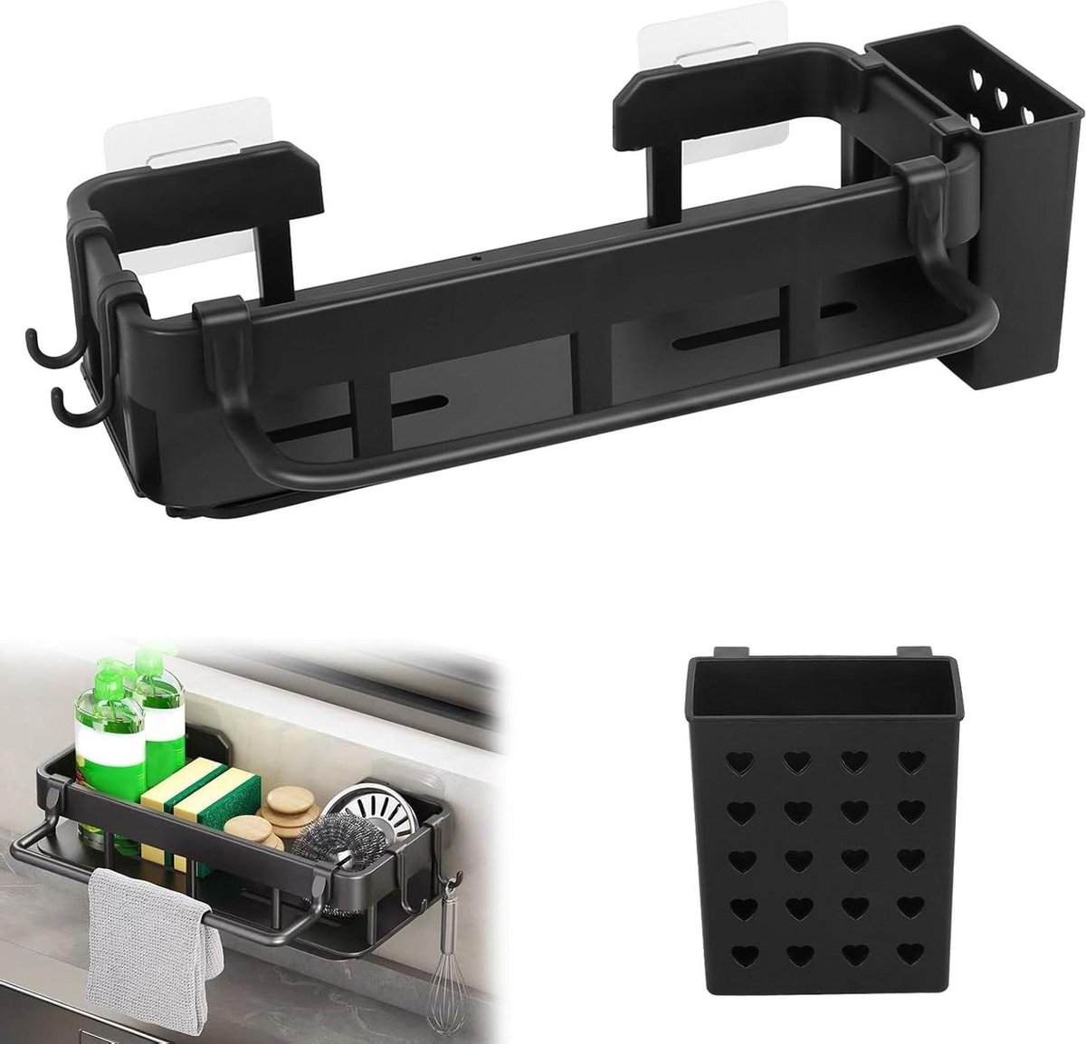 Spoelbak Organizer Sponshouder - Zwart - Hangende Spoelorganizer - Afdruipbak - Gootsteenorganizer - Afwasborstelhouder - Badkamer - Keukenrek