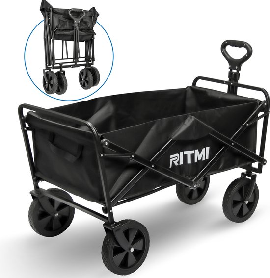 Ritmi Bolderkar - Opvouwbaar Bolderkar Tot 120kg Draagvermogen - 82x52x63cm - Inhoud 120L Bolderwagen met Duwstang - Opvouwbare Draag Kar - Bolder Wagen Strandkar - Zwart