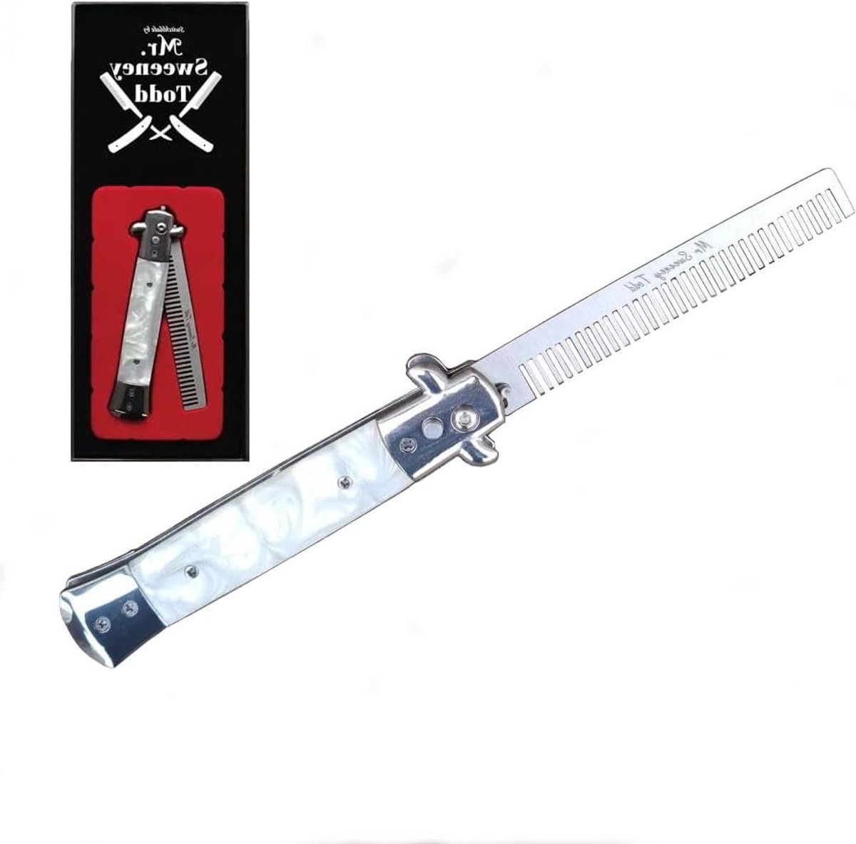 Switchblade Opvouwbare Kam - Roestvrijstaal - Wit - Drukknop - Flick Comb - Display Box