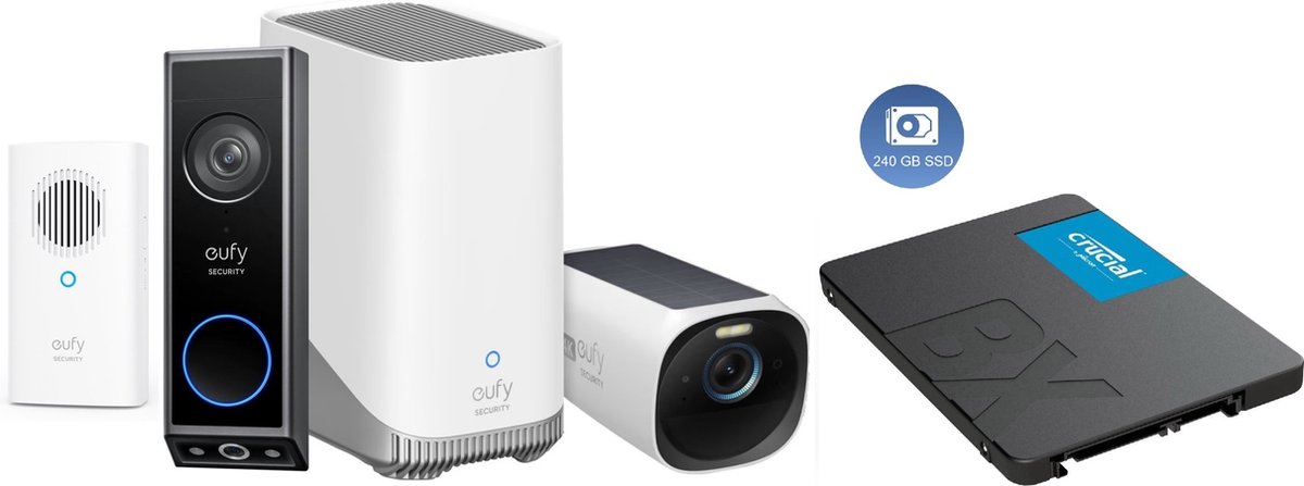 eufy security E340 video doorbell met chime + HomeBase 3 S380 + eufyCam 3 solar camera + 240GB SSD voor 3 jaar opslag - Bundelvoordeel