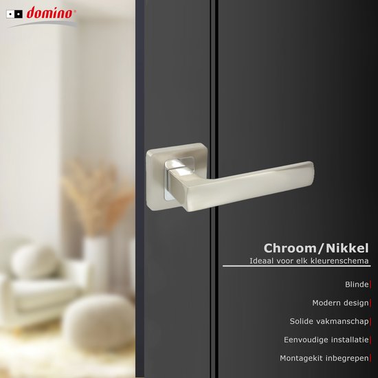 Ensemble de poignées de porte Domino| avec rosaces carrées | kit pour portes | ferrures de porte en aluminium | chrome/nickel | MAFF-QR M6/M9