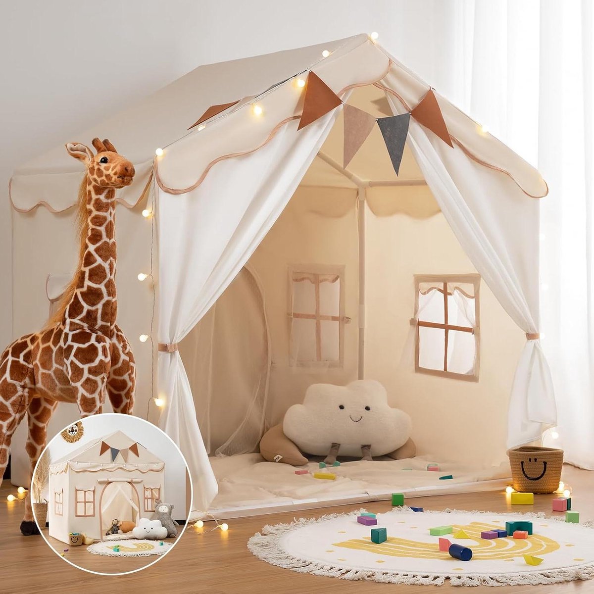 Speeltent voor Kinderen 2-in-1 met Mat en Verlichting Bedtent Prinsessentent Groot Kinderhuis Binnen en Buiten Kinderspeelhuis met 2 Deuren voor Peuter